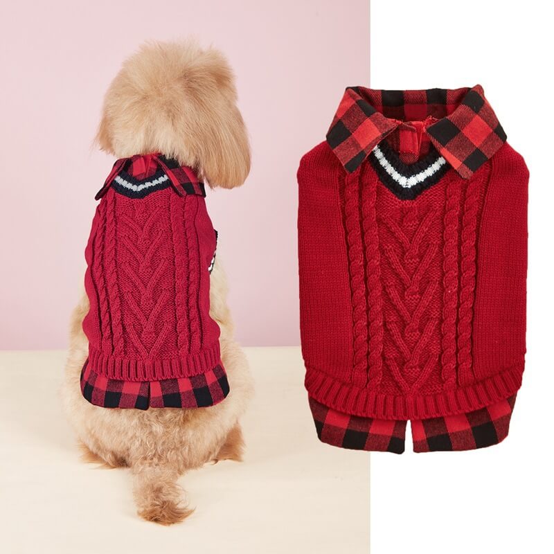 Perfetto per l'autunno e l'inverno, giubbotto con collo a quadri e lavorazione a maglia per cani.