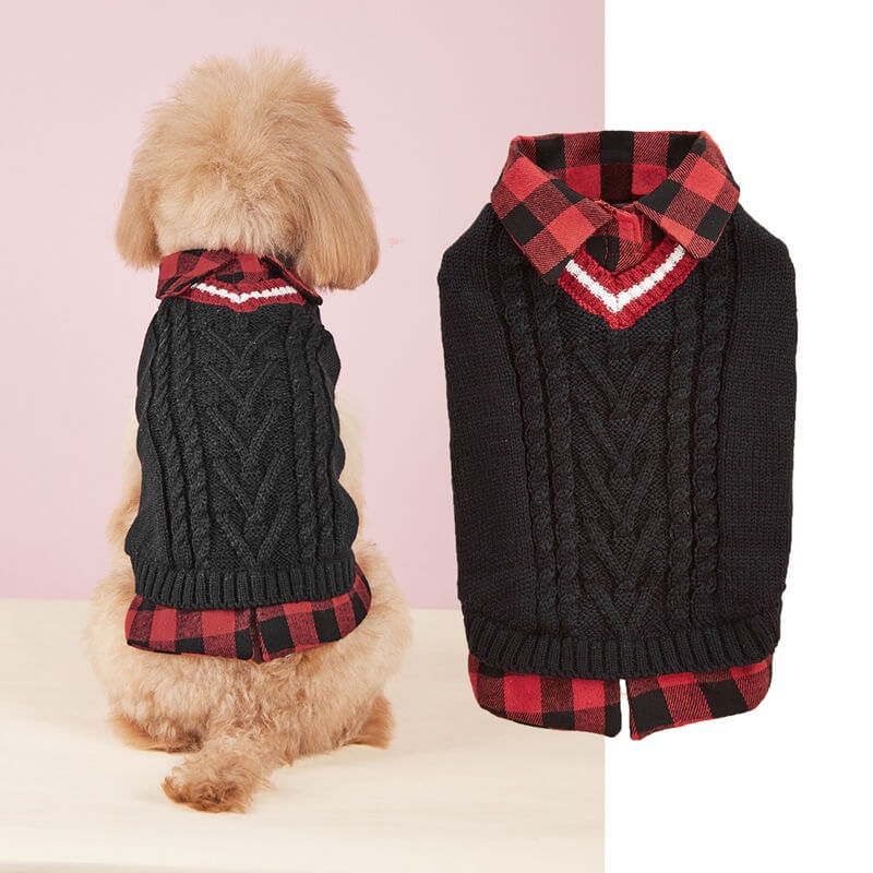 Perfetto per l'autunno e l'inverno, giubbotto con collo a quadri e lavorazione a maglia per cani.