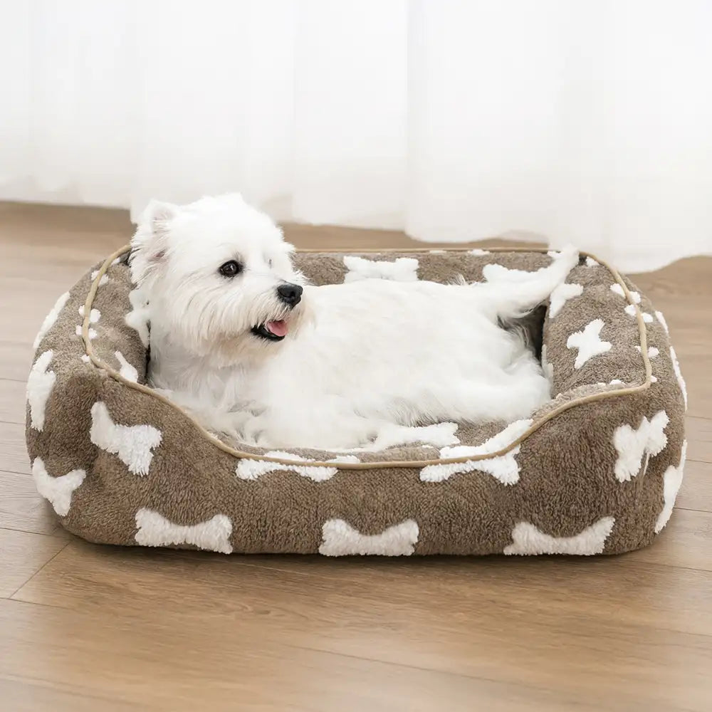 Cuscino per cani quadrato profondo in peluche con motivo ossa