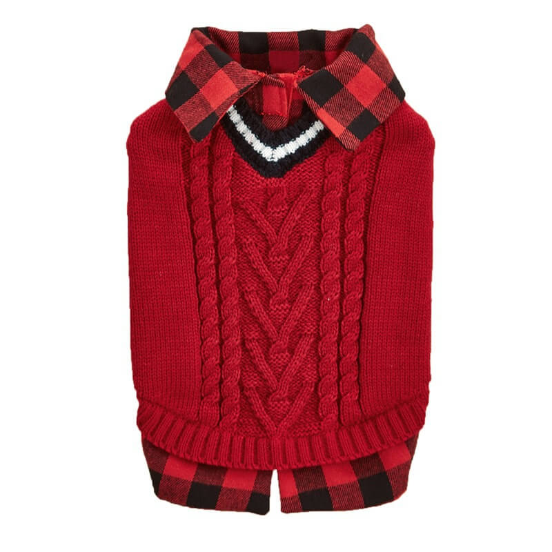 Perfetto per l'autunno e l'inverno, giubbotto con collo a quadri e lavorazione a maglia per cani.