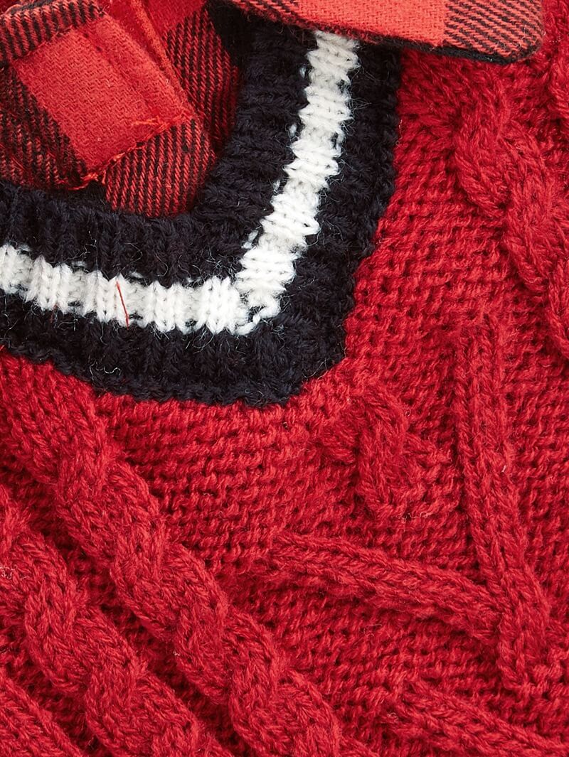 Perfetto per l'autunno e l'inverno, giubbotto con collo a quadri e lavorazione a maglia per cani.