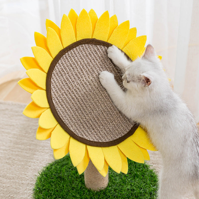 Pannello per graffiare per gatti in sisal a forma di girasole con base stabile in erba.