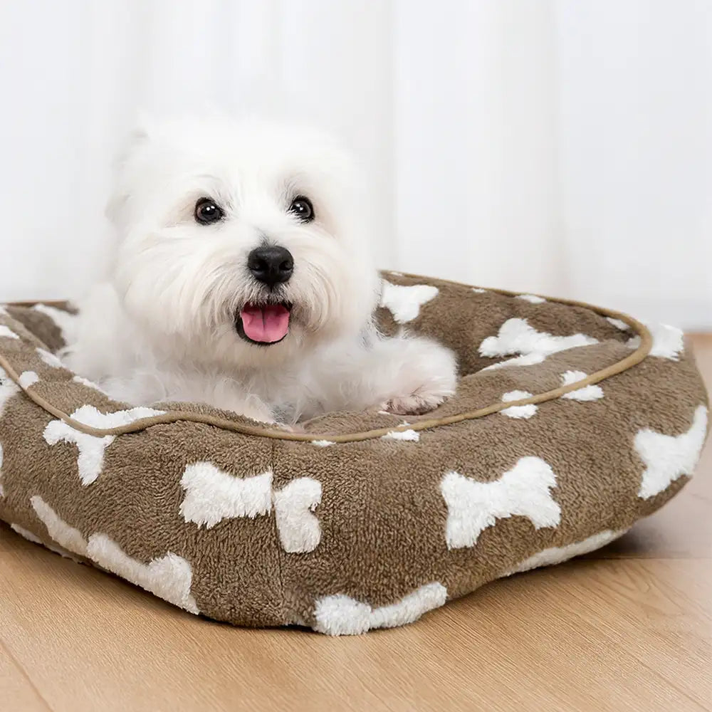 Cuscino per cani quadrato profondo in peluche con motivo ossa