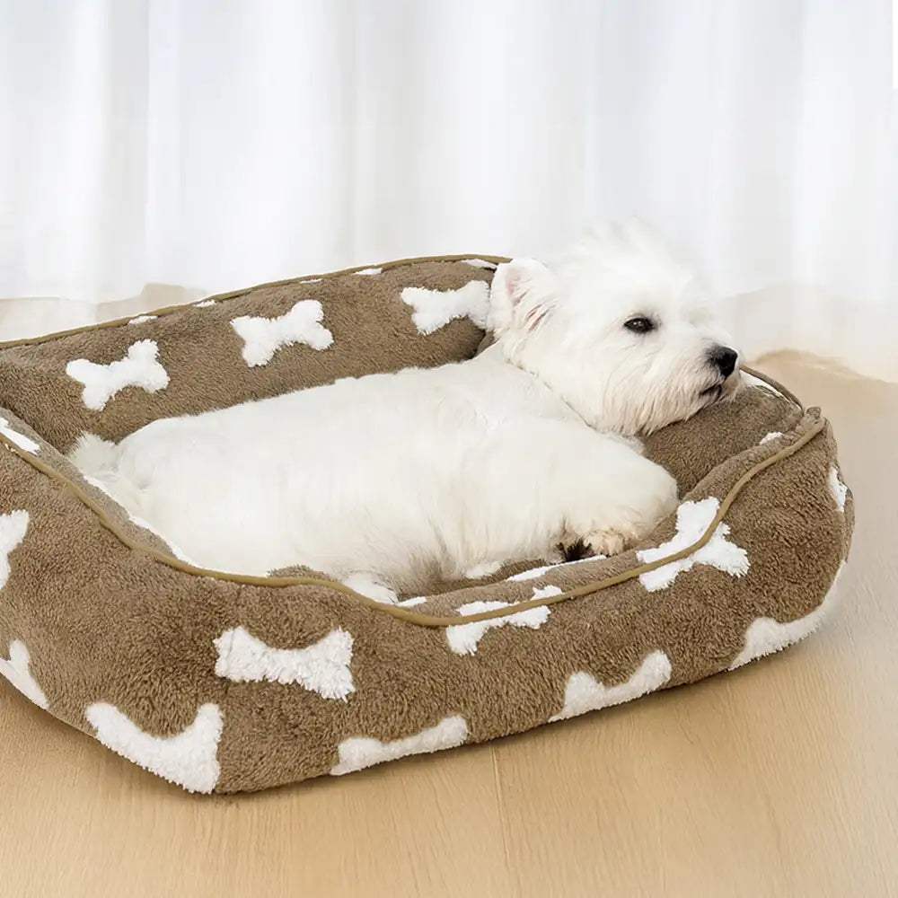 Cuscino per cani quadrato profondo in peluche con motivo ossa