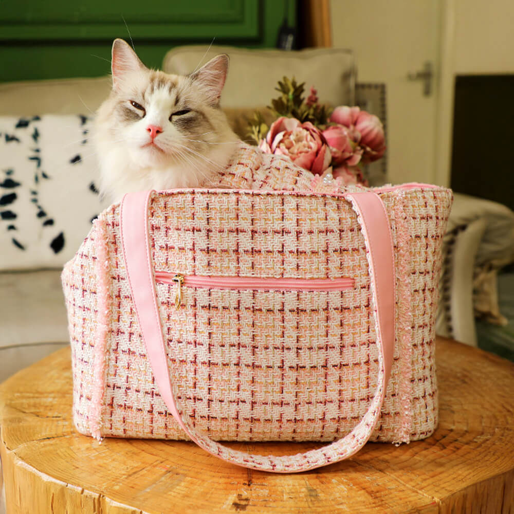 Borsa trasportino leggera in tweed di lusso a scacchi per cani e gatti