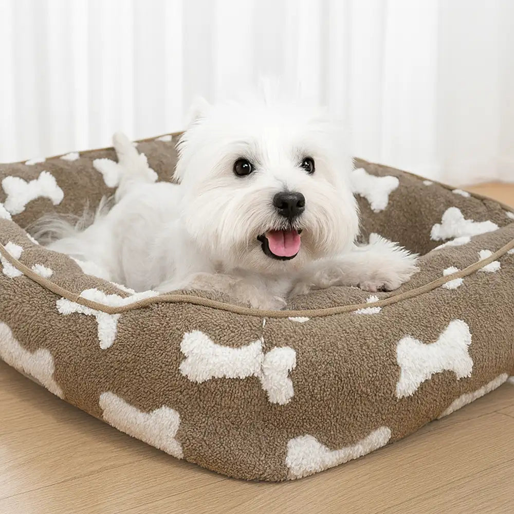 Cuscino per cani quadrato profondo in peluche con motivo ossa