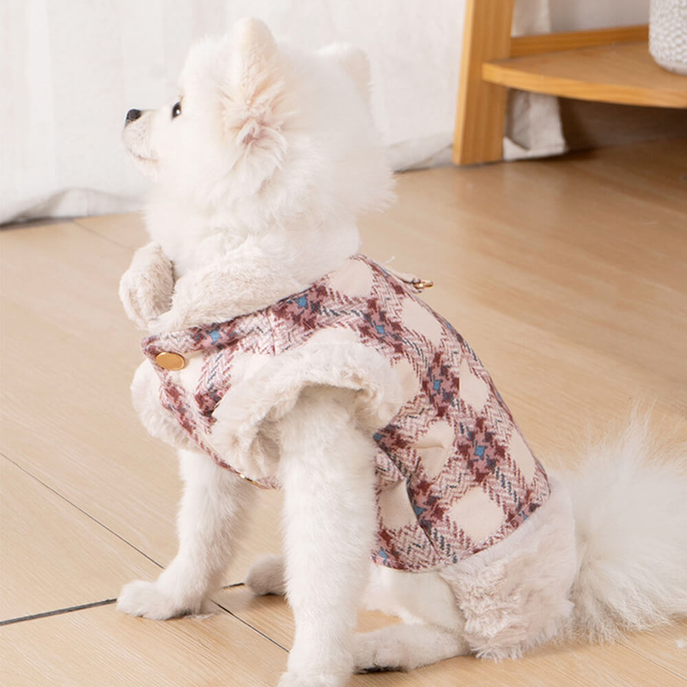 Giacca per cani con collo alto in pile a quadri - Una giacca invernale calda e alla moda