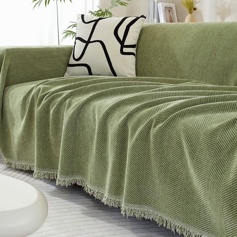 Copertura per divano in chenille con motivo a spina di pesce e frange