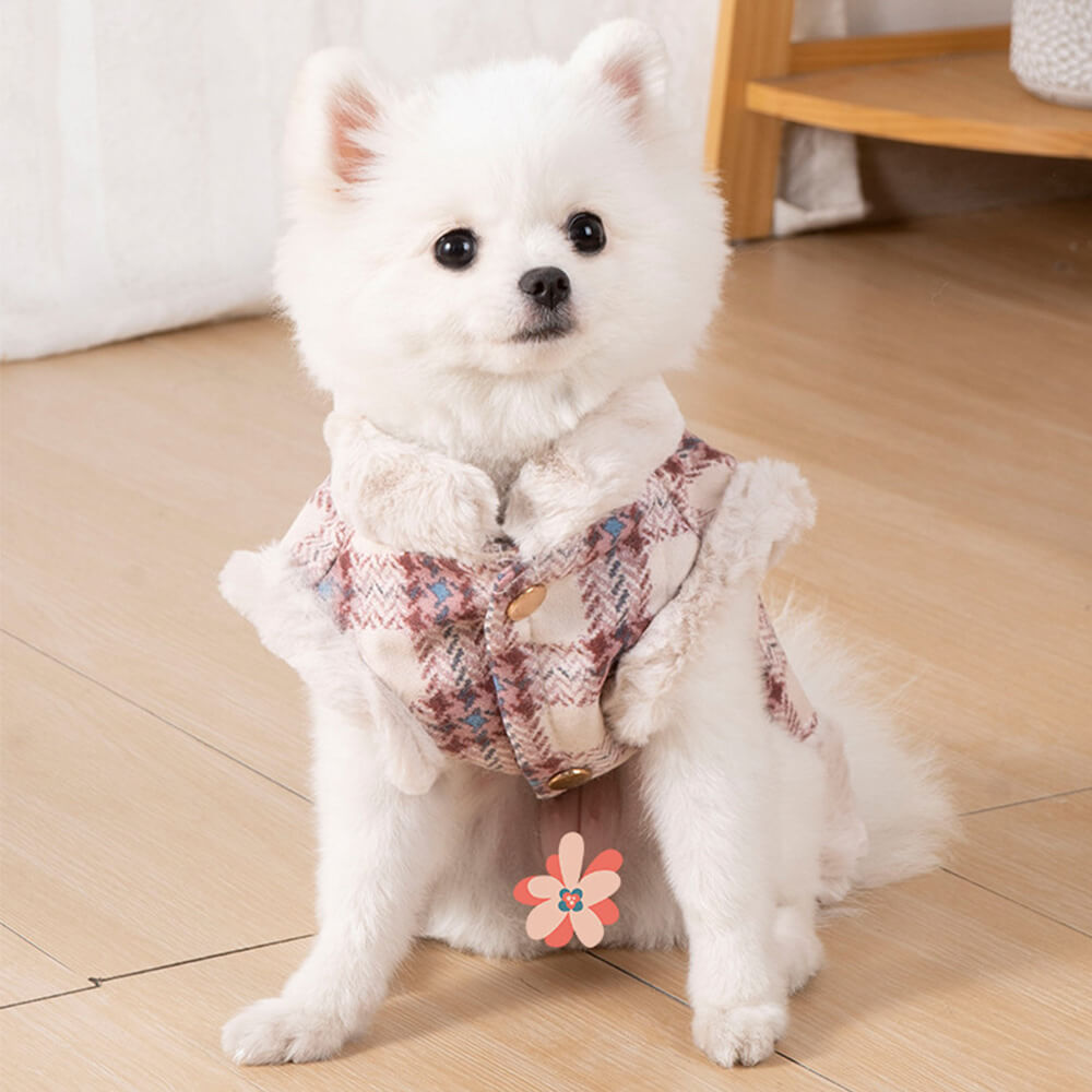 Giacca per cani con collo alto in pile a quadri - Una giacca invernale calda e alla moda