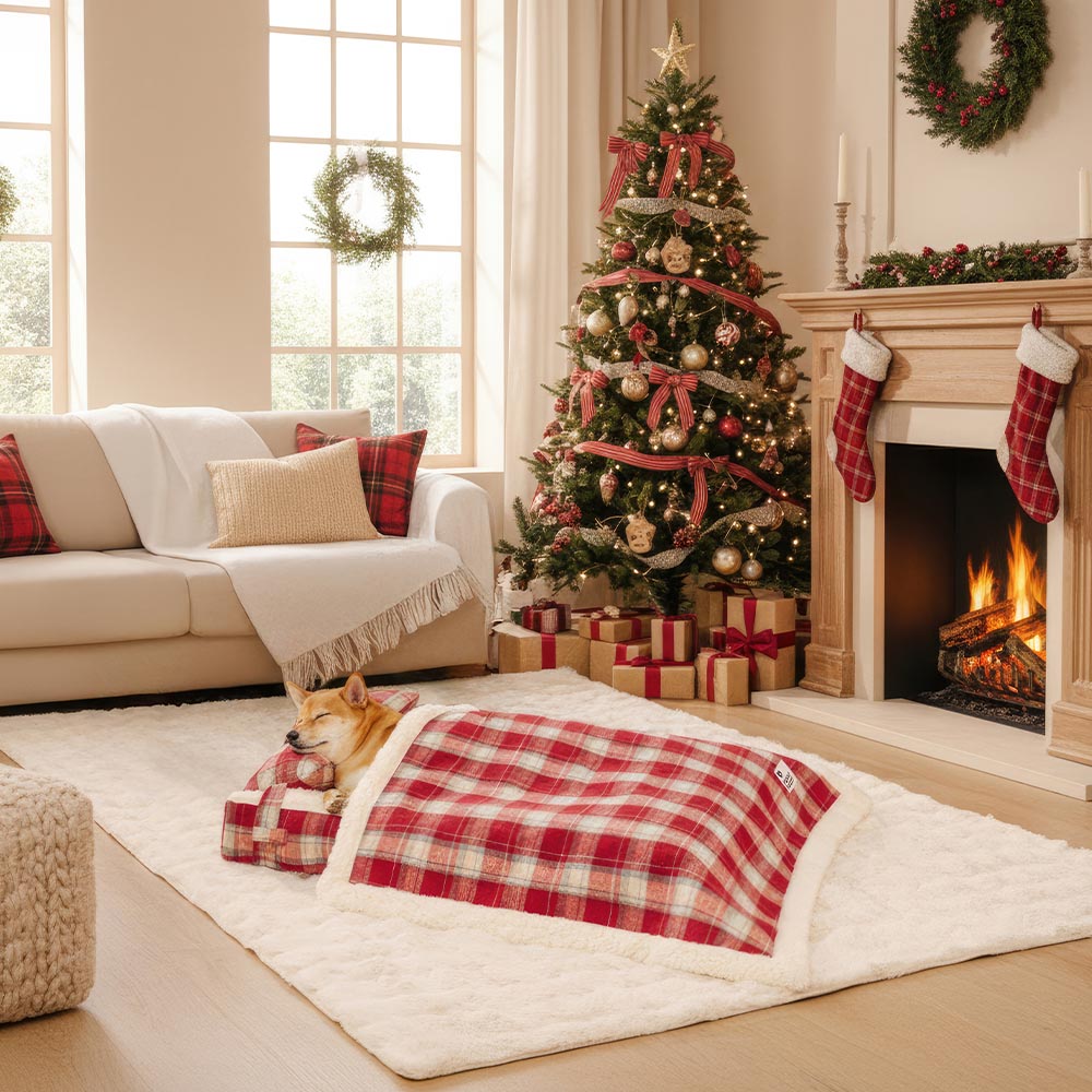 Letto ortopedico per cani staccabile in peluche a quadri vintage con cuscino - Puppy Snug