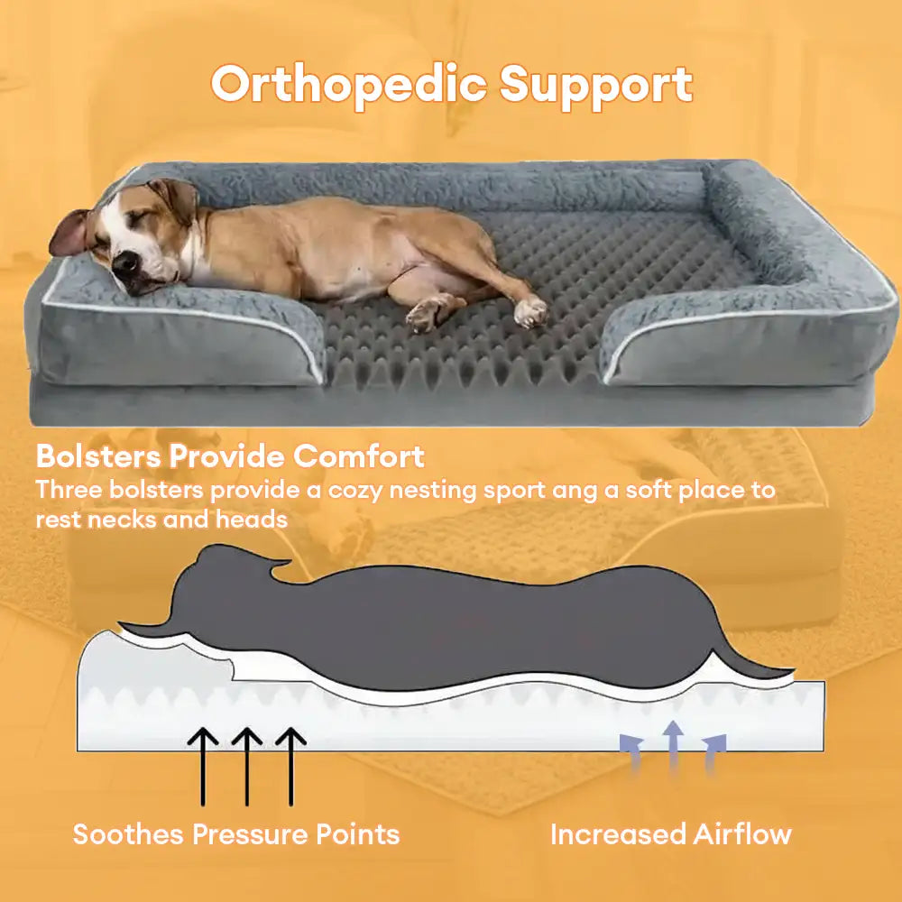 Letto ortopedico per cani impermeabile, completamente circondato e con supporto rimovibile.