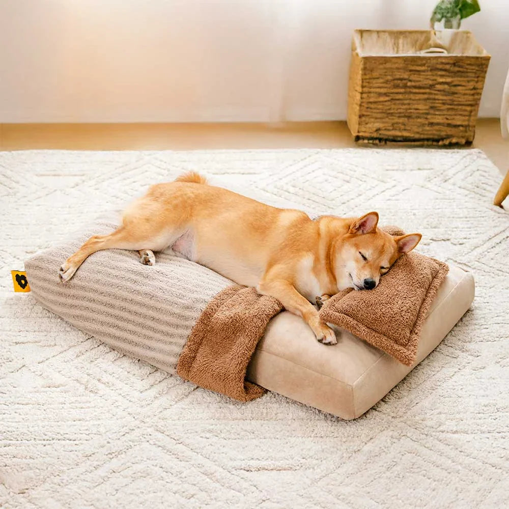 Letto ortopedico per cani a caverna rivestito in peluche a strisce con cuscino - FluffyWarm