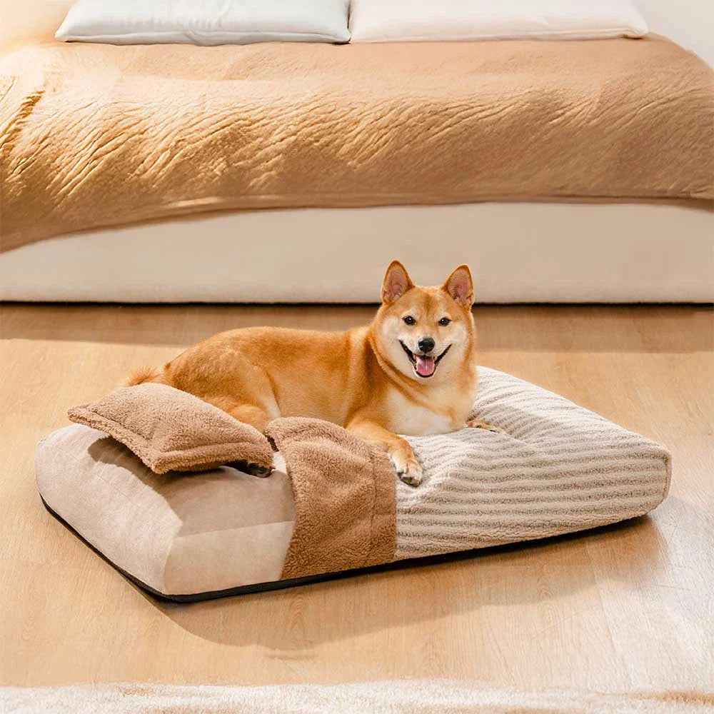 Letto ortopedico per cani a caverna rivestito in peluche a strisce con cuscino - FluffyWarm