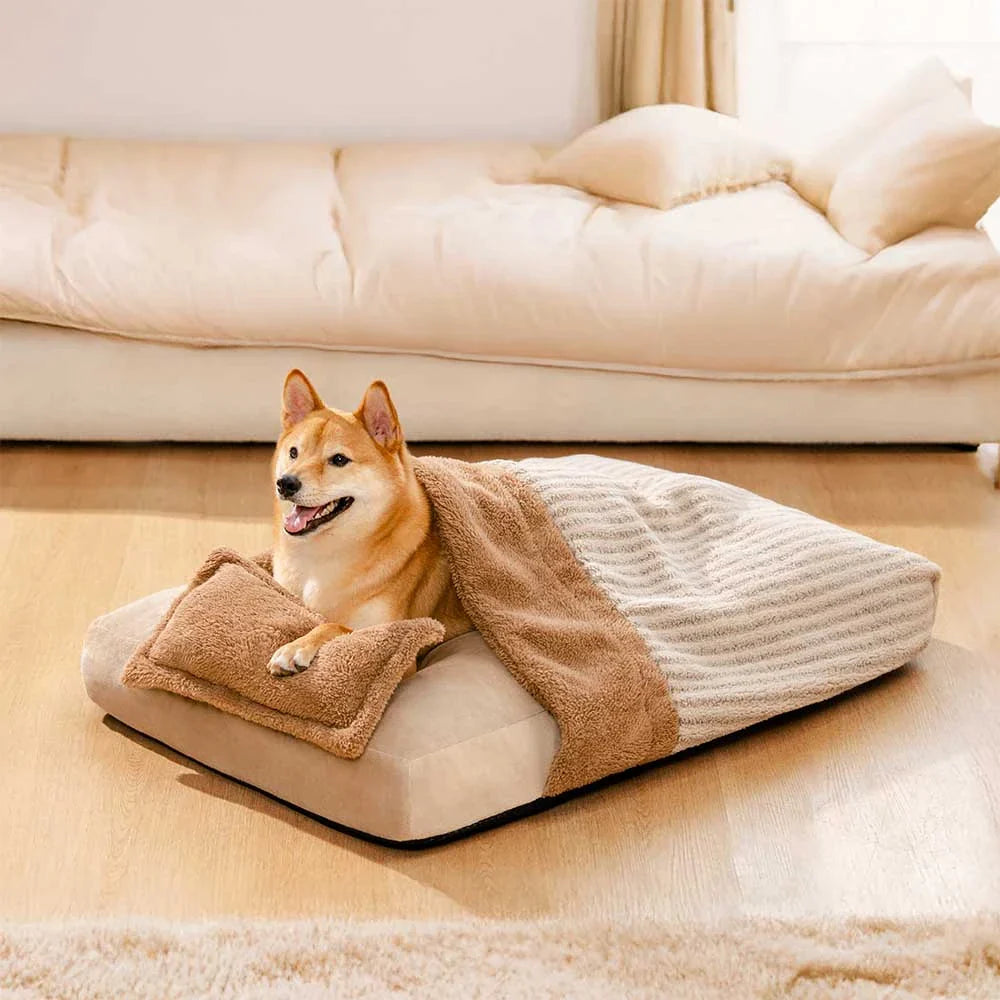 Letto ortopedico per cani a caverna rivestito in peluche a strisce con cuscino - FluffyWarm