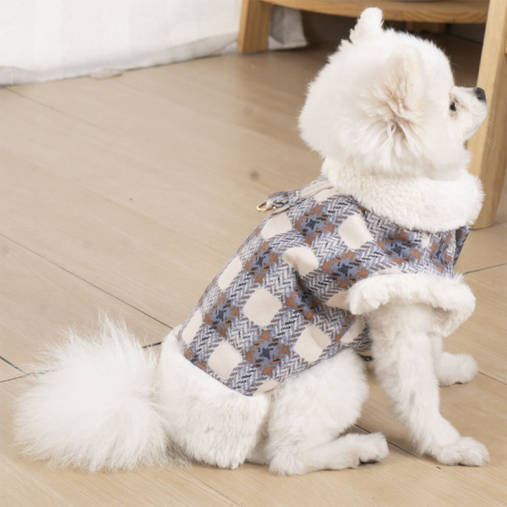 Giacca per cani con collo alto in pile a quadri - Una giacca invernale calda e alla moda