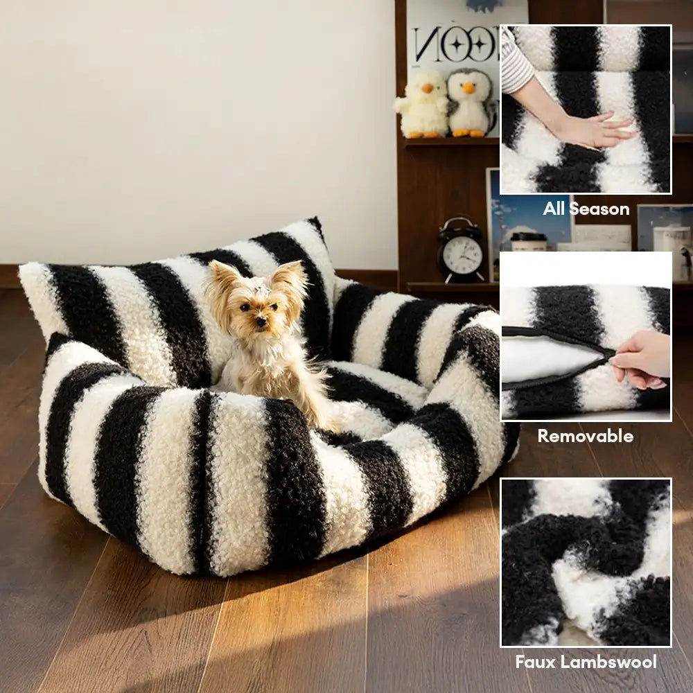 Letto per cani e gatti in morbida lana finta a righe bianco e nero - Tasti del pianoforte invernali