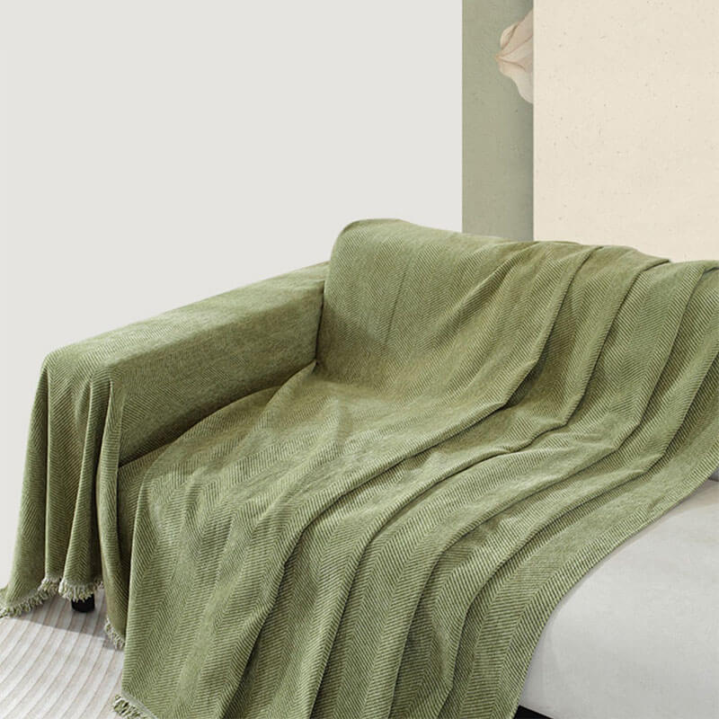 Copertura per divano in chenille con motivo a spina di pesce e frange