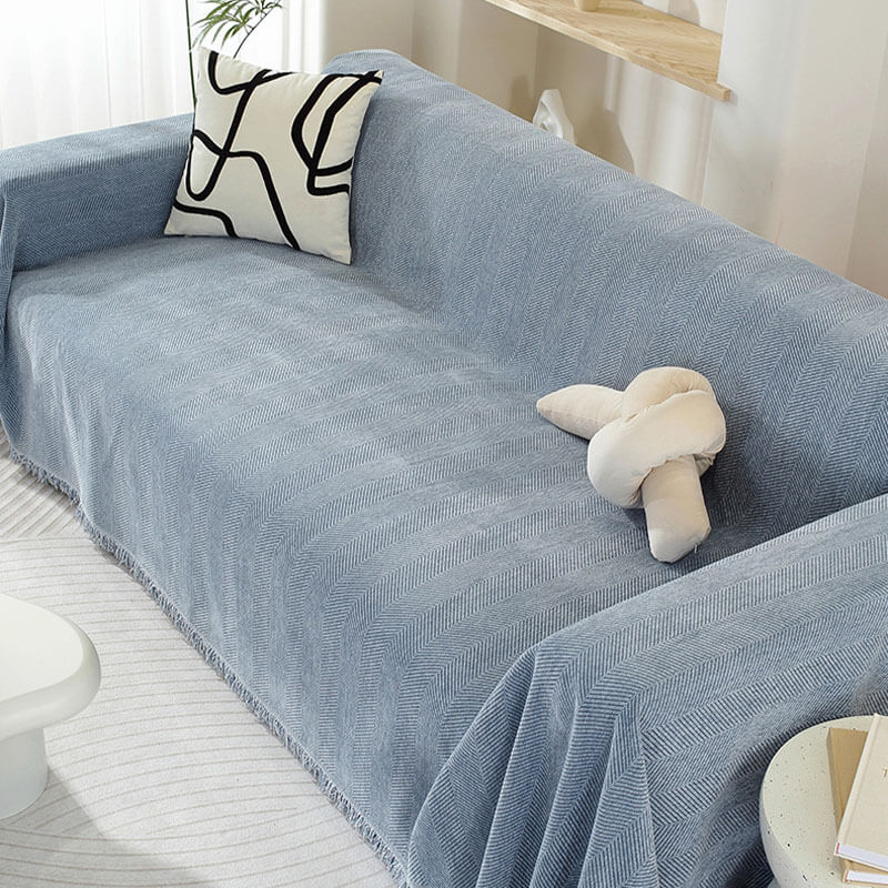 Copertura per divano in chenille con motivo a spina di pesce e frange