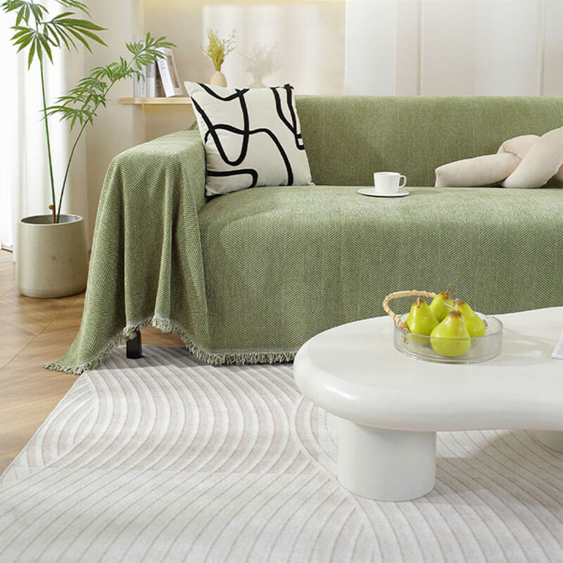 Copertura per divano in chenille con motivo a spina di pesce e frange