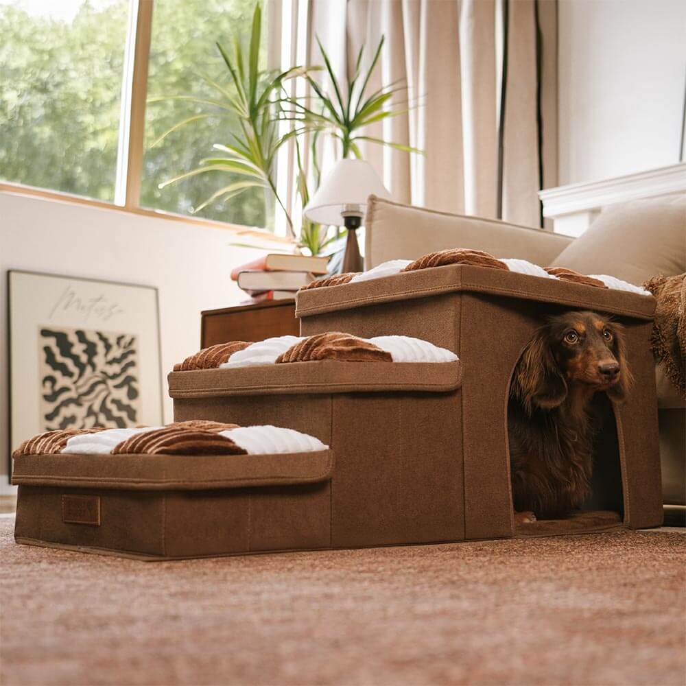 Piano di scacchi in legno fatto a mano con gradini per cani con storage e condo - Napsteps