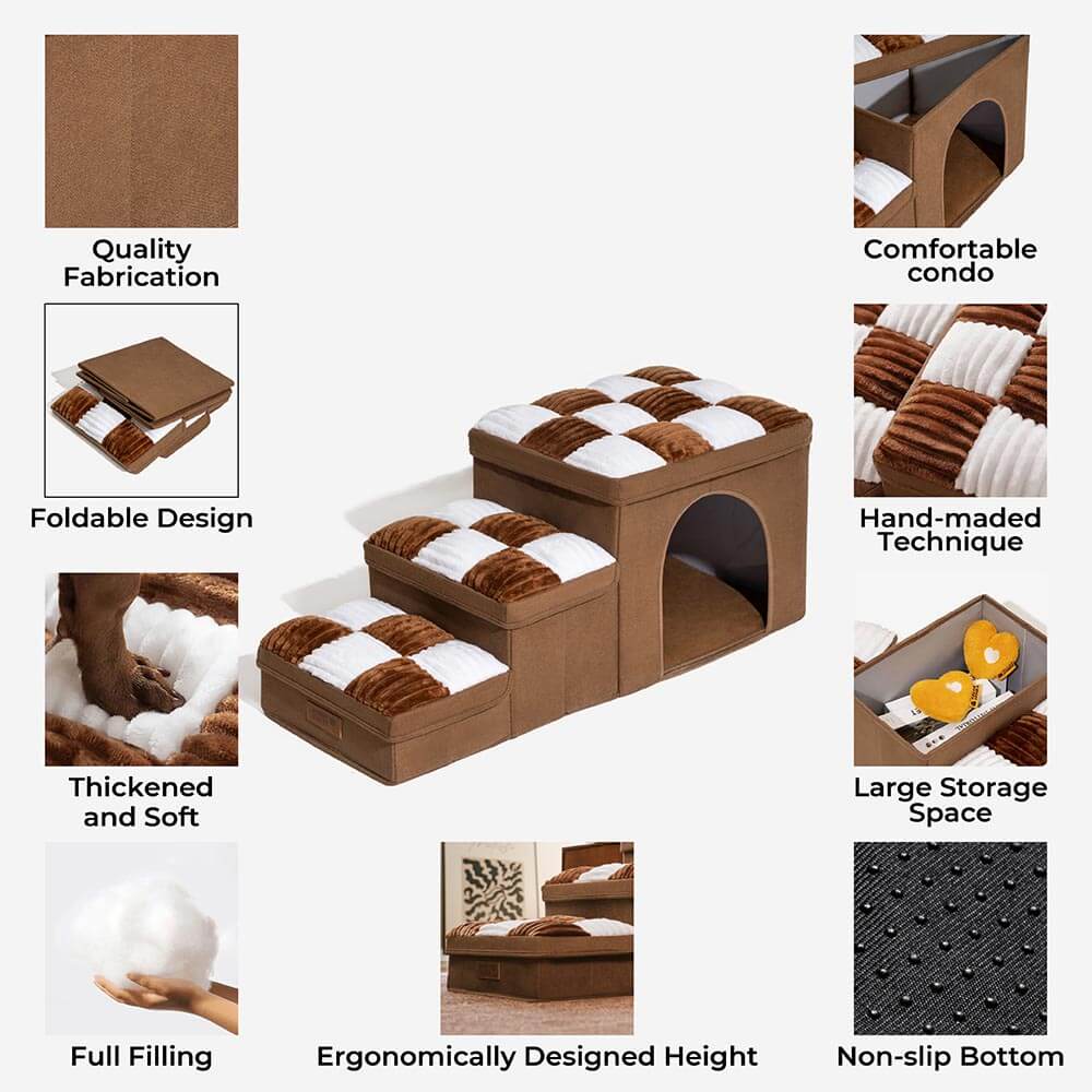 Piano di scacchi in legno fatto a mano con gradini per cani con storage e condo - Napsteps