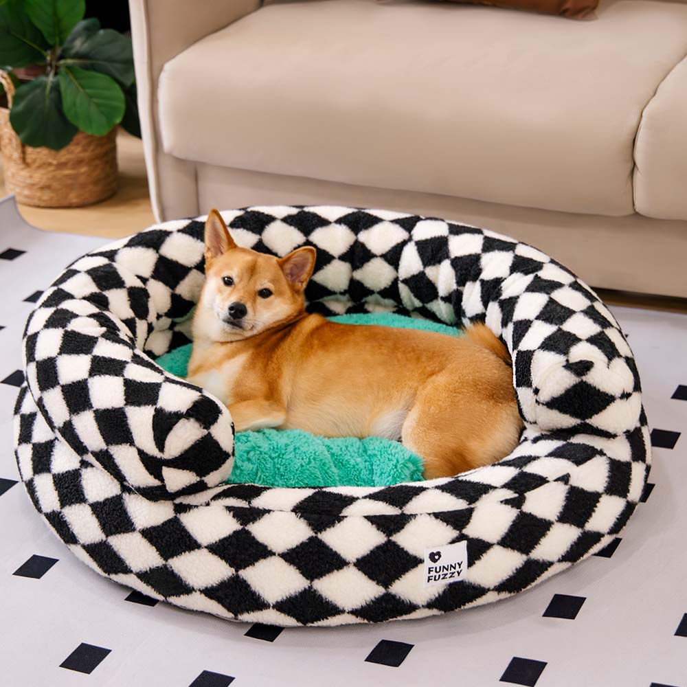 Letto per cani a forma di ciambella imbottito con motivo argyle, lavabile - Rifugio accogliente