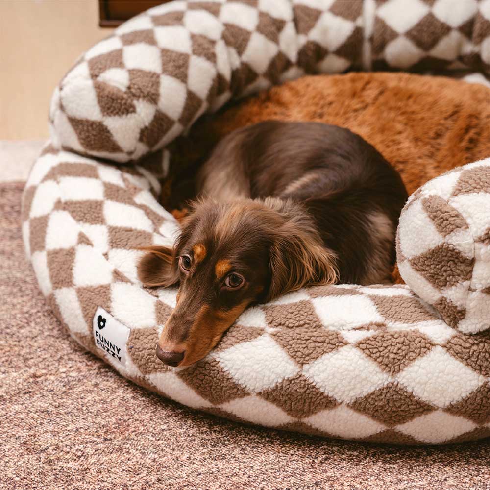 Letto per cani a forma di ciambella imbottito con motivo argyle, lavabile - Rifugio accogliente