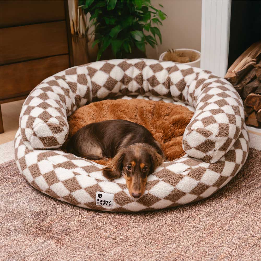 Letto per cani a forma di ciambella imbottito con motivo argyle, lavabile - Rifugio accogliente
