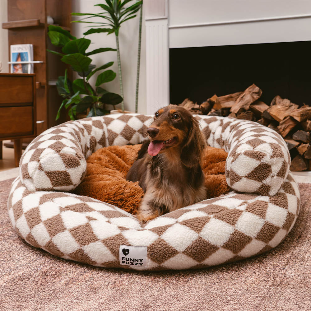 Letto per cani a forma di ciambella imbottito con motivo argyle, lavabile - Rifugio accogliente