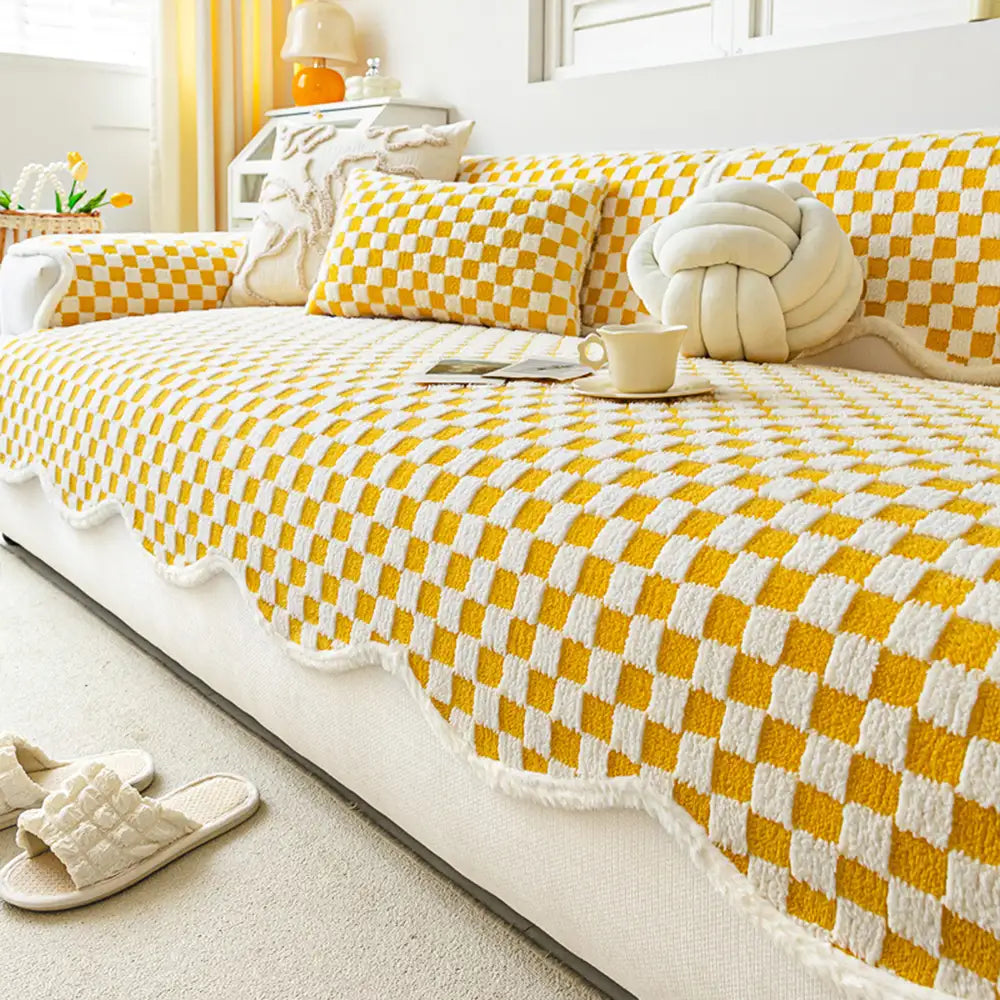 Copertura per divano in tessuto a scacchi classico, confortevole, resistente ai graffi e antiscivolo.