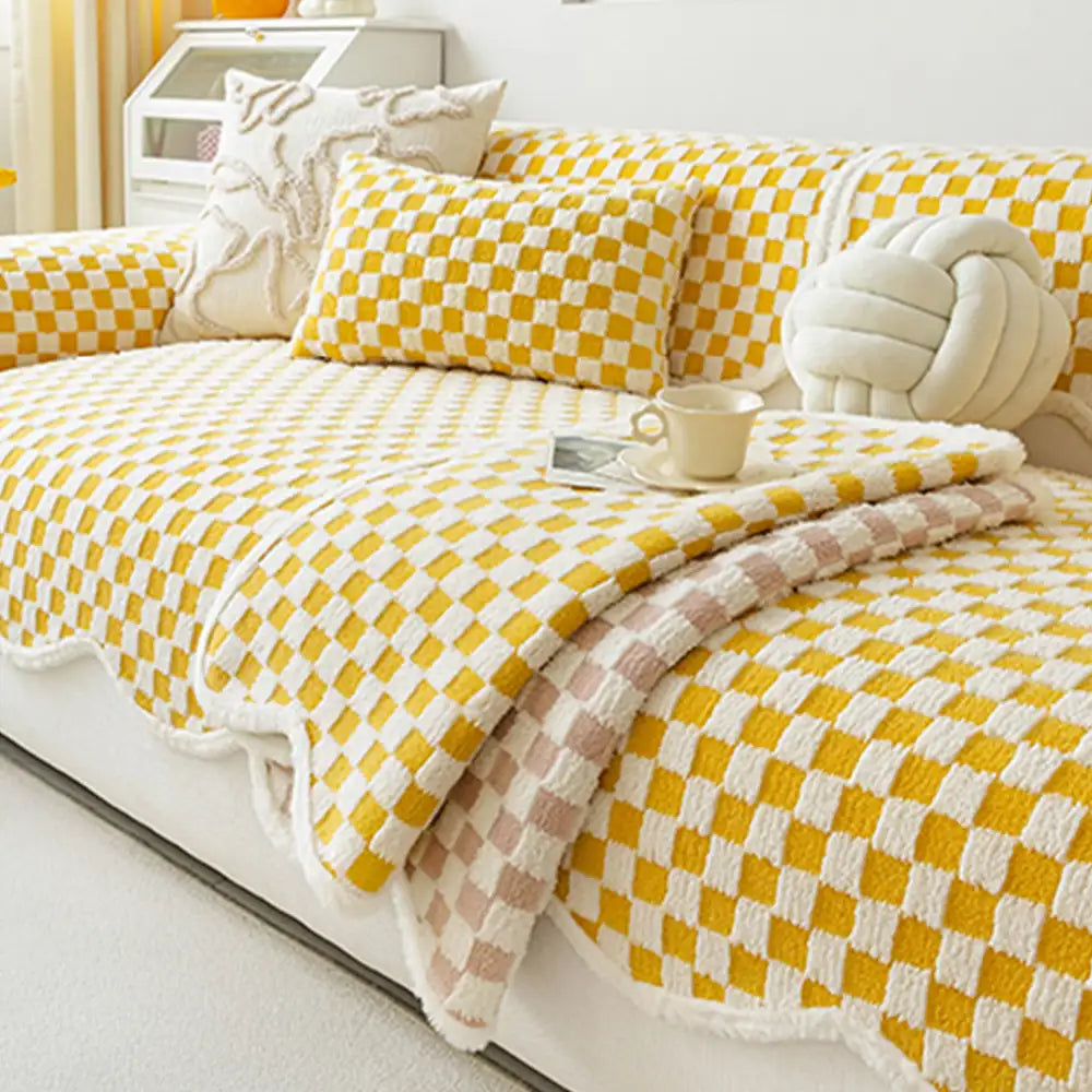 Copertura per divano in tessuto a scacchi classico, confortevole, resistente ai graffi e antiscivolo.