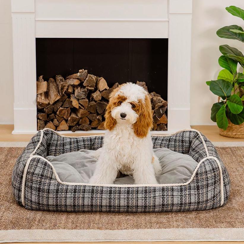 Letto per cani calmante con cuscino rimovibile a motivo plaid classico retrò - Rifugio nostalgico