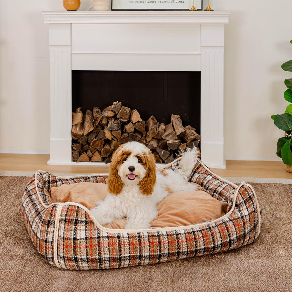 Letto per cani calmante con cuscino rimovibile a motivo plaid classico retrò - Rifugio nostalgico
