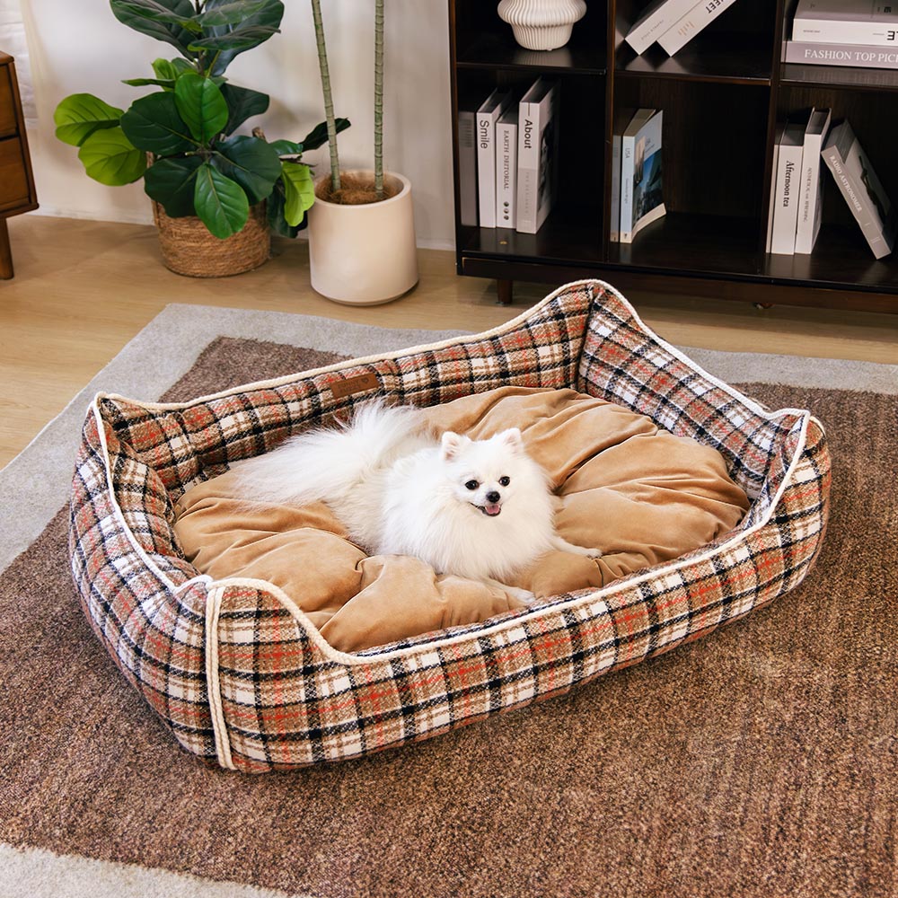 Letto per cani calmante con cuscino rimovibile a motivo plaid classico retrò - Rifugio nostalgico