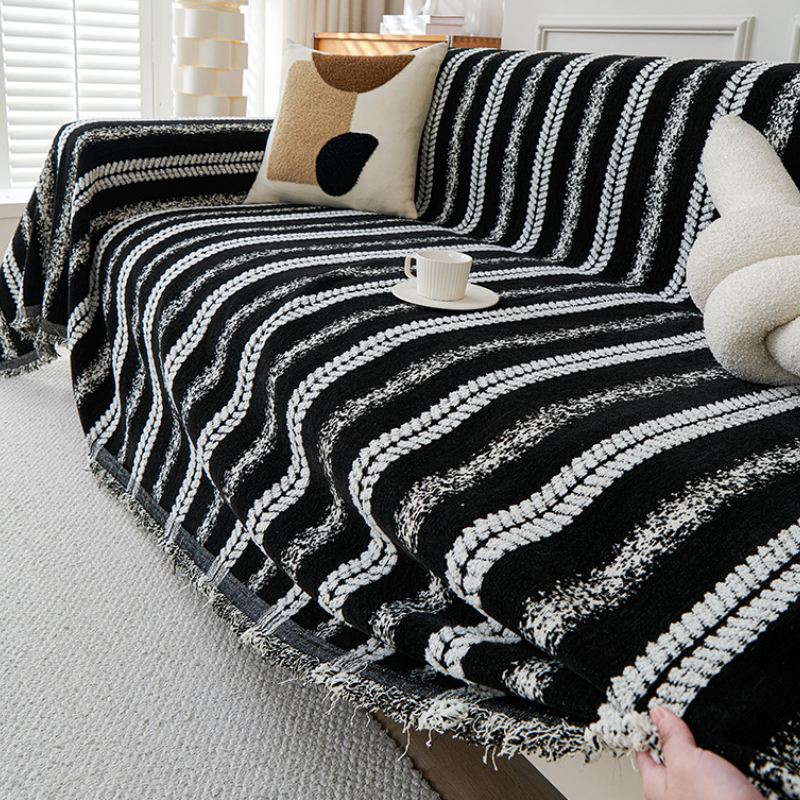 Copertura per divano in chenille con frange a strisce decorative