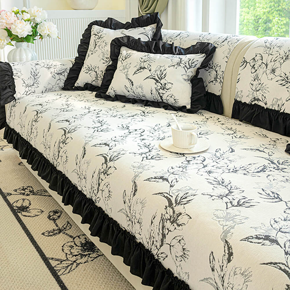 Copri divano anti-scivolo design ruffles floreali in chenille