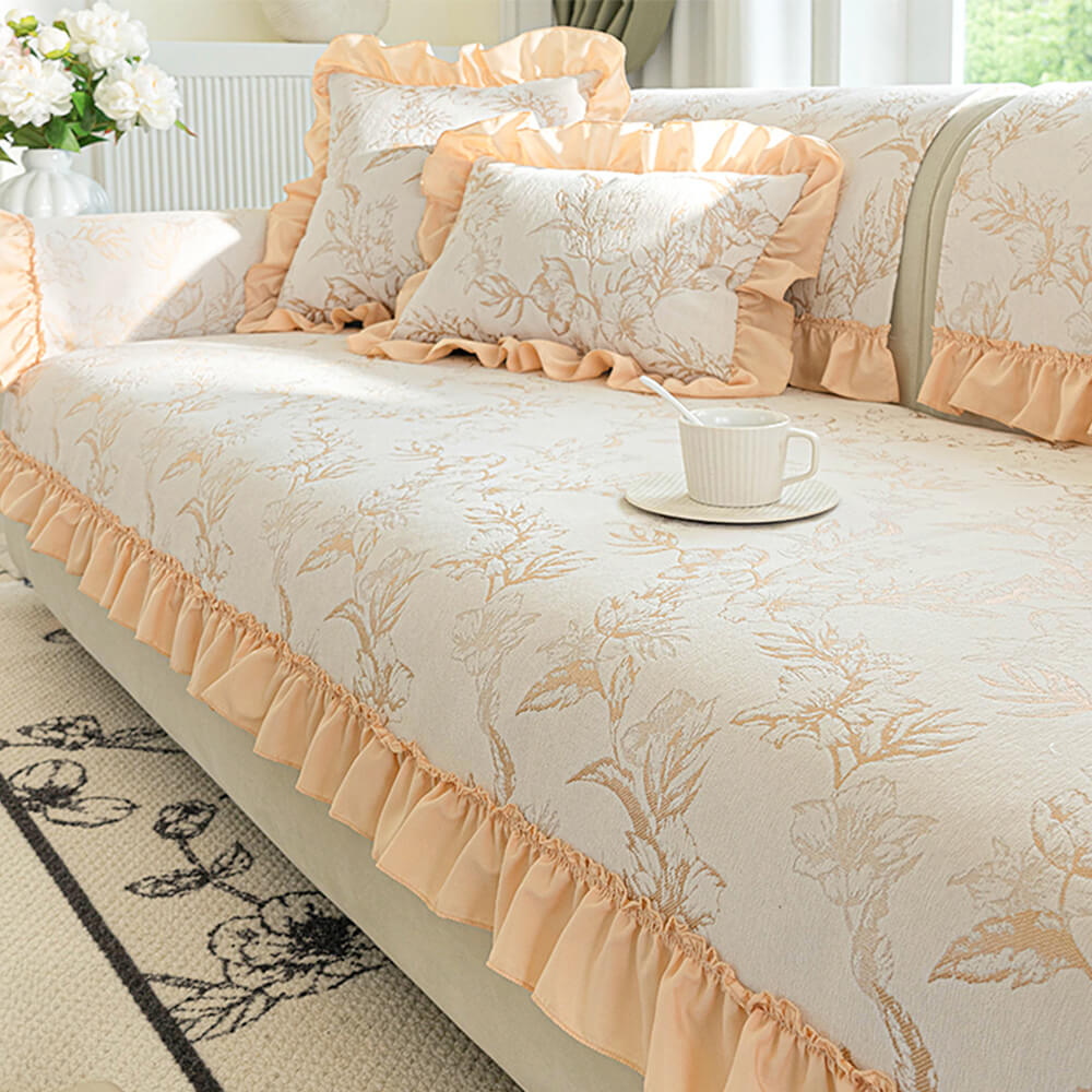 Copri divano anti-scivolo design ruffles floreali in chenille