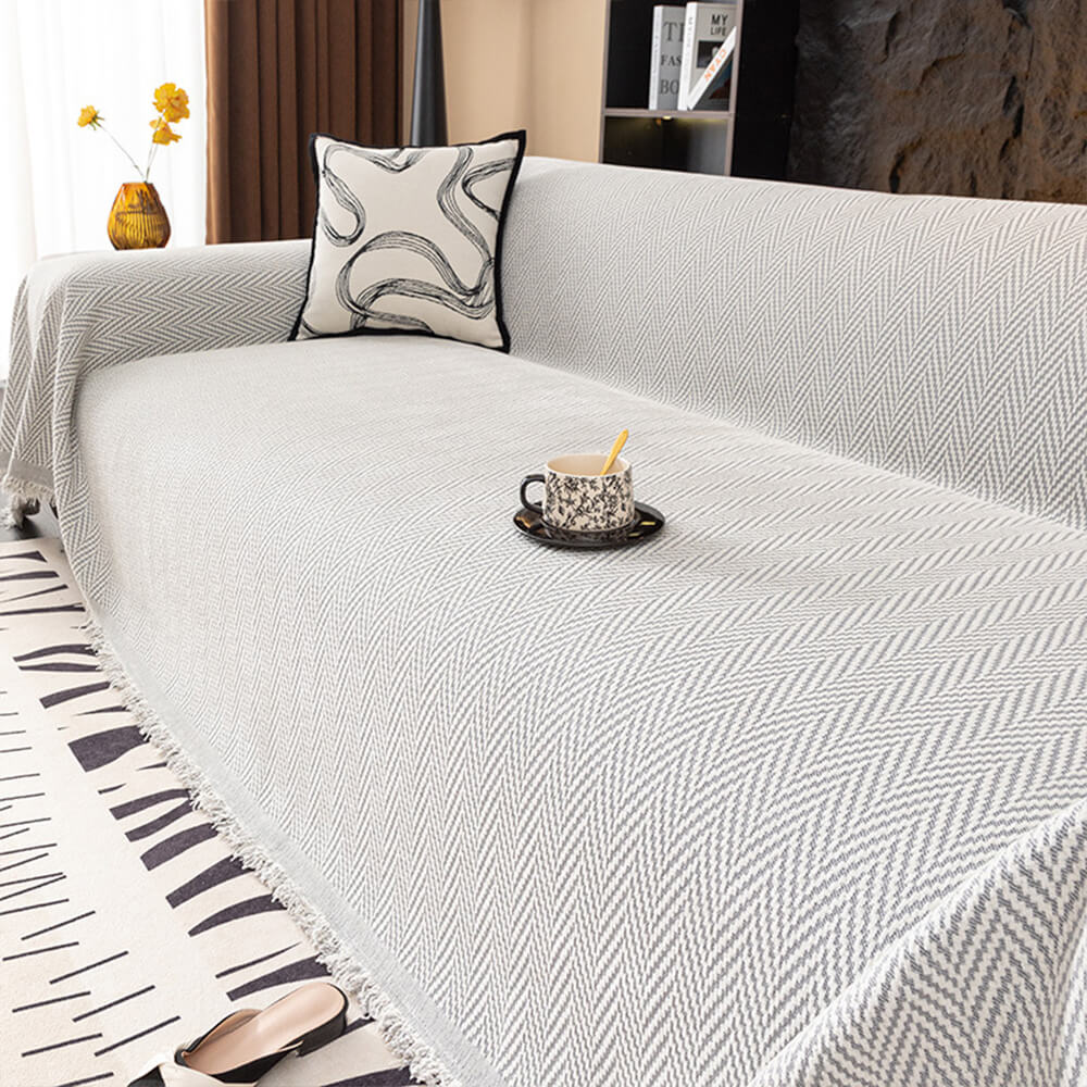 Copertura per divano a frange in chenille a spina di pesce premium a copertura totale
