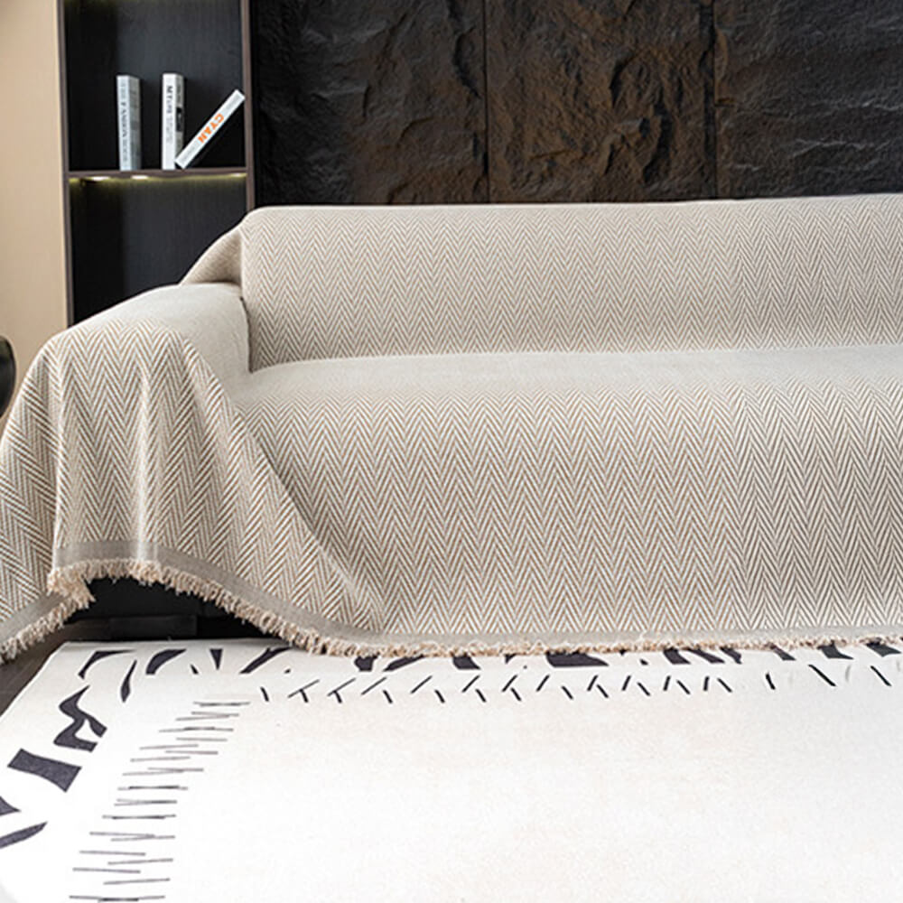 Copertura per divano a frange in chenille a spina di pesce premium a copertura totale