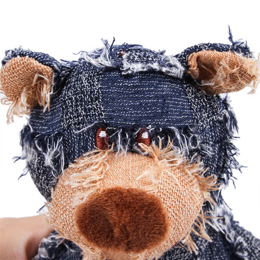 Giocattolo per cani in denim rustico, morbido, resistente, masticabile e con squittio a forma di orso.