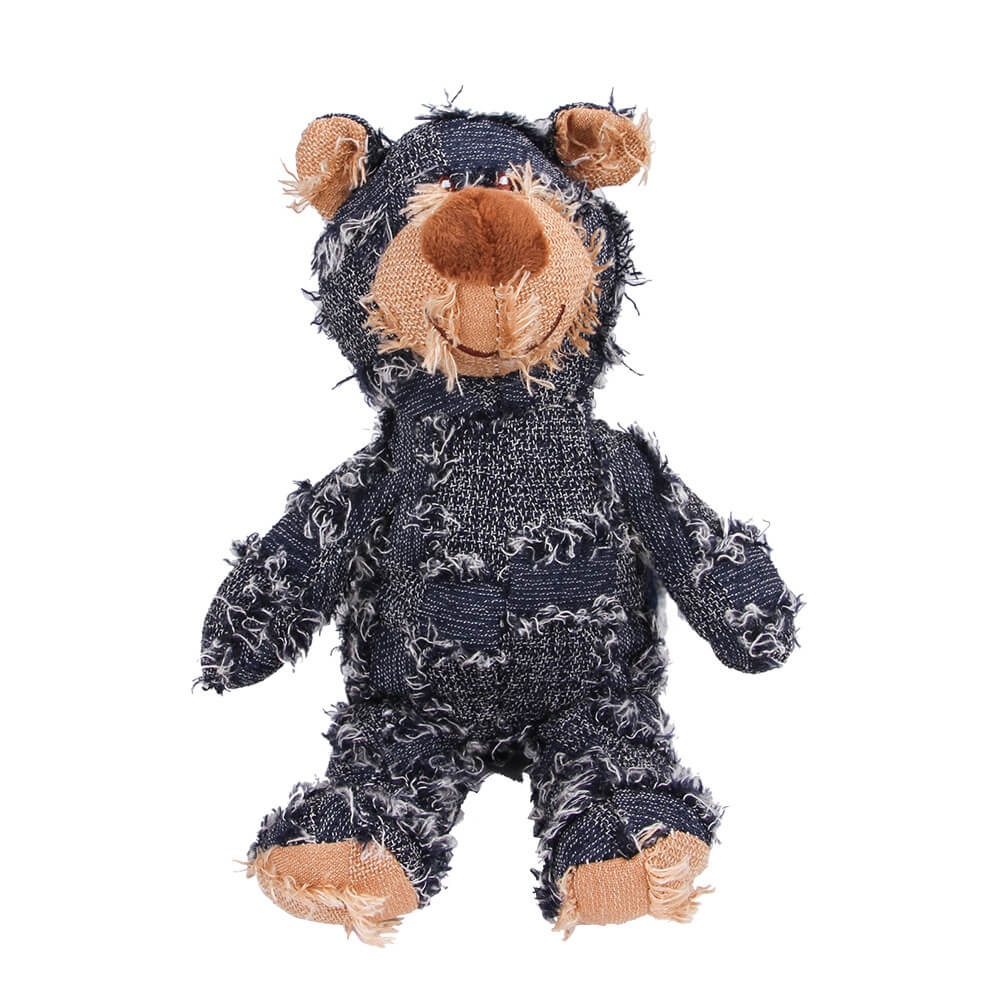 Giocattolo per cani in denim rustico, morbido, resistente, masticabile e con squittio a forma di orso.
