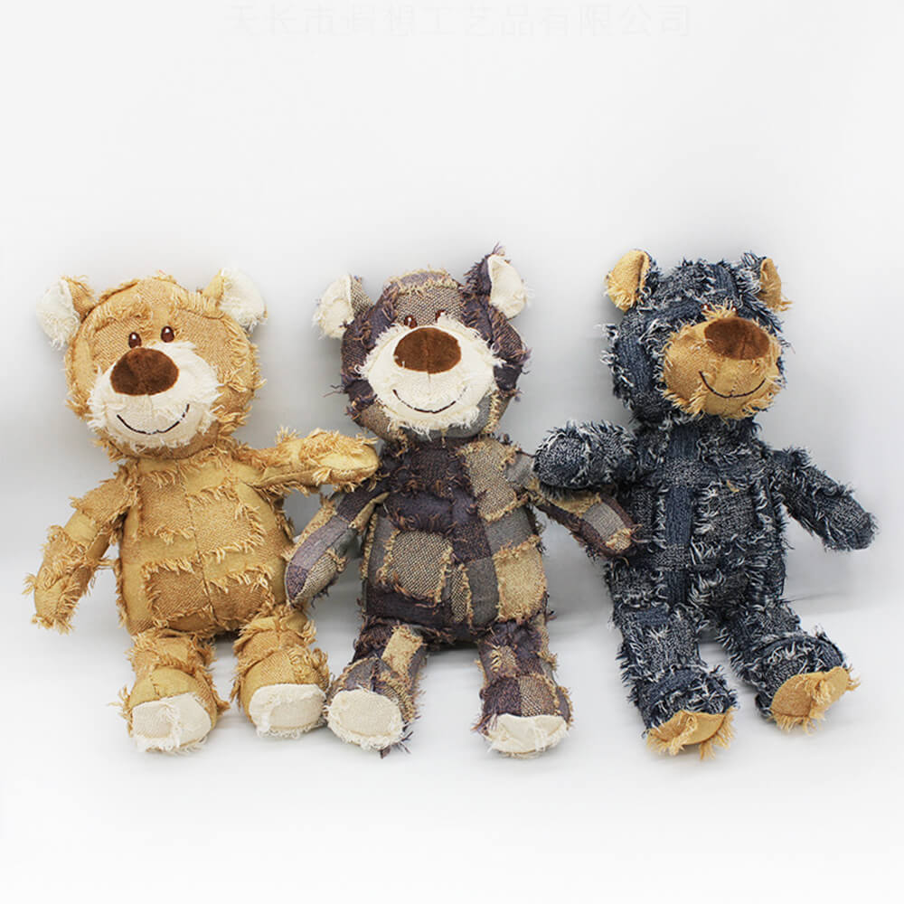 Giocattolo per cani in denim rustico, morbido, resistente, masticabile e con squittio a forma di orso.