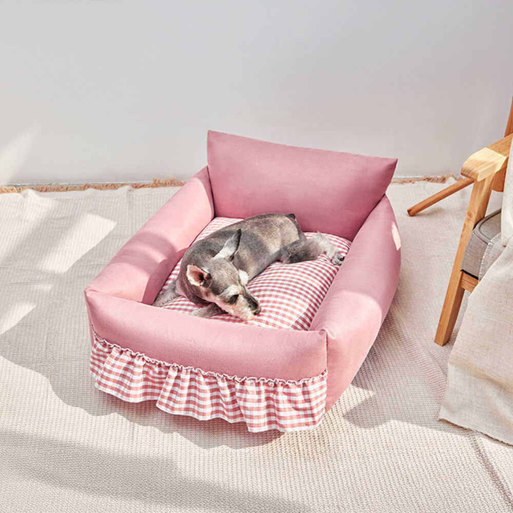 Divano letto per cani e gatti con schienale migliorato, stiloso e con rouches, lavabile.
