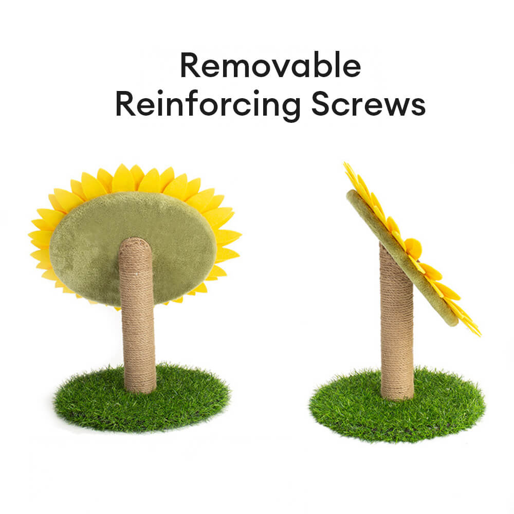 Pannello per graffiare per gatti in sisal a forma di girasole con base stabile in erba.
