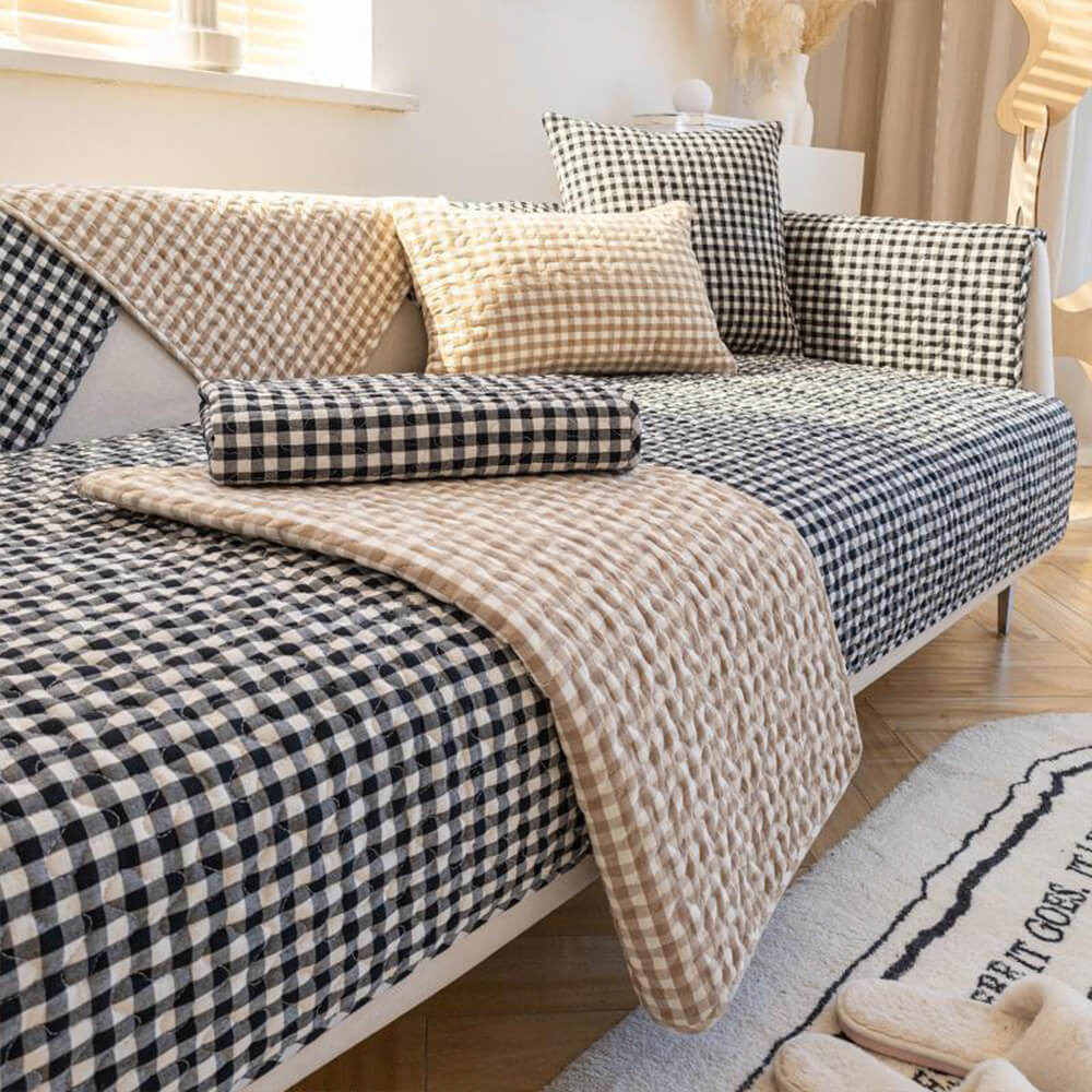 Copertura per divano in cotone lavato, resistente all'usura e non infeltrito, a scacchi retro.