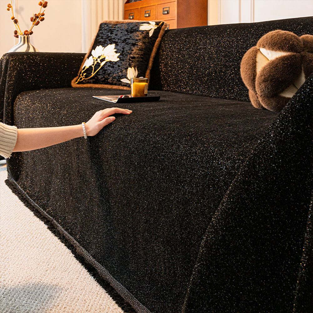 Copertura per divano con design in glitter di chenille stellato e bordo frangiato