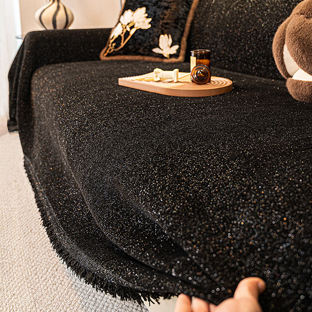 Copertura per divano con design in glitter di chenille stellato e bordo frangiato
