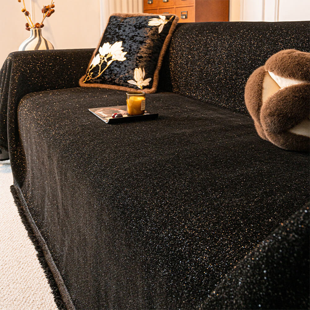 Copertura per divano con design in glitter di chenille stellato e bordo frangiato