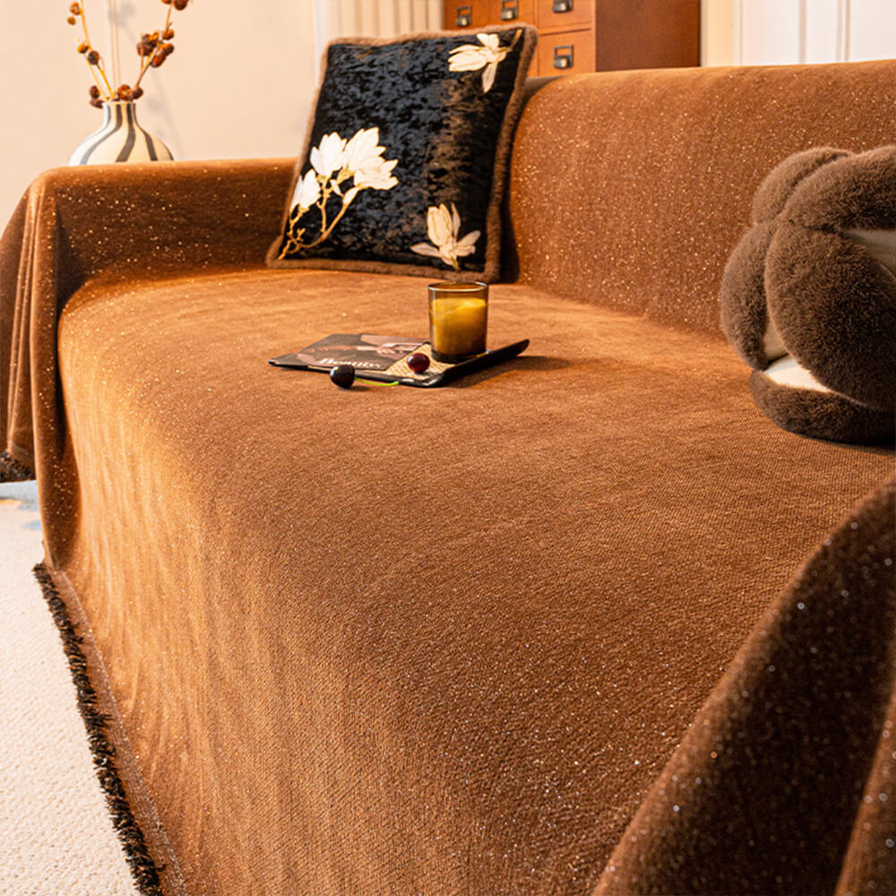Copertura per divano con design in glitter di chenille stellato e bordo frangiato