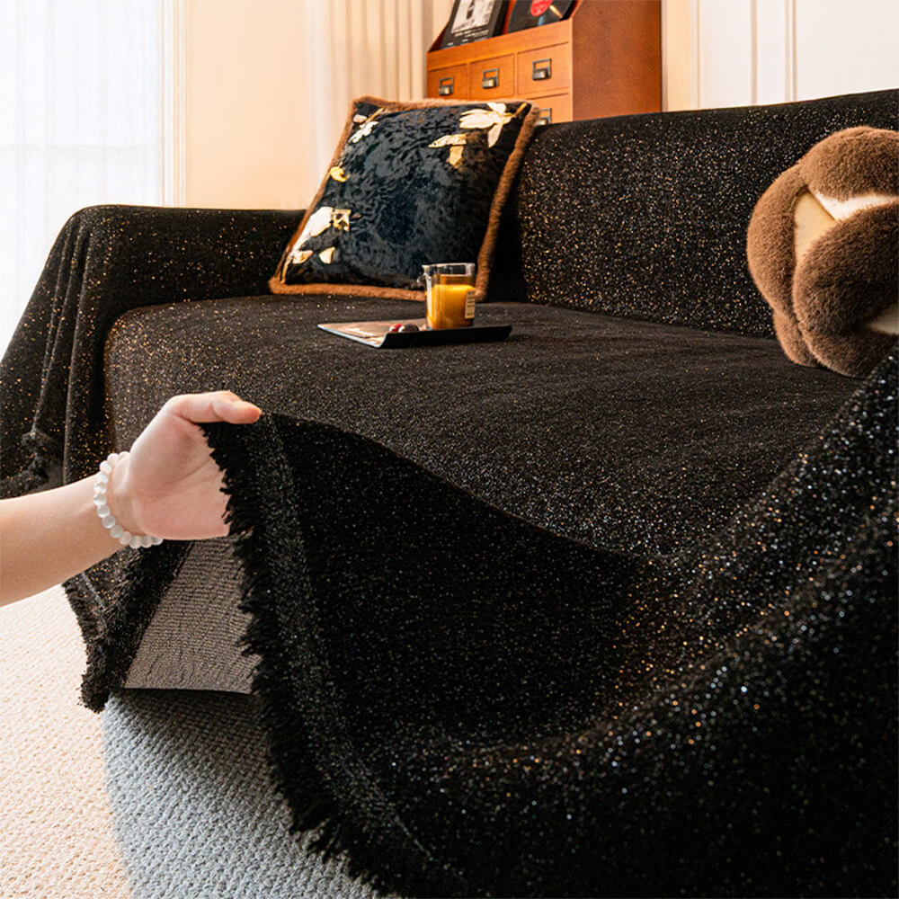 Copertura per divano con design in glitter di chenille stellato e bordo frangiato